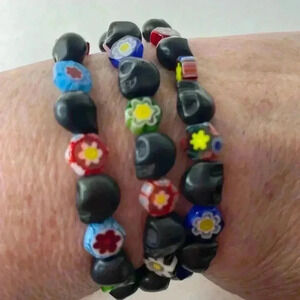 Beaded Multi Colored Stretch Bracelet with Skull Bead Charms 3 bracelets Goth